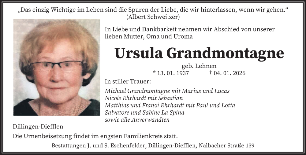  Traueranzeige für Ursula Grandmontagne vom 17.01.2026 aus saarbruecker_zeitung