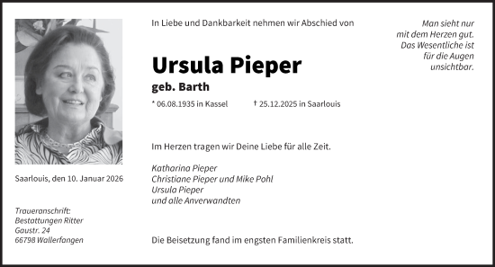 Traueranzeige von Ursula Pieper von saarbruecker_zeitung