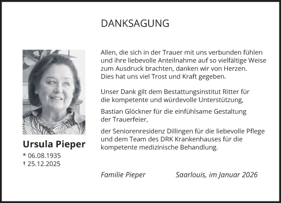 Traueranzeige von Ursula Pieper von saarbruecker_zeitung