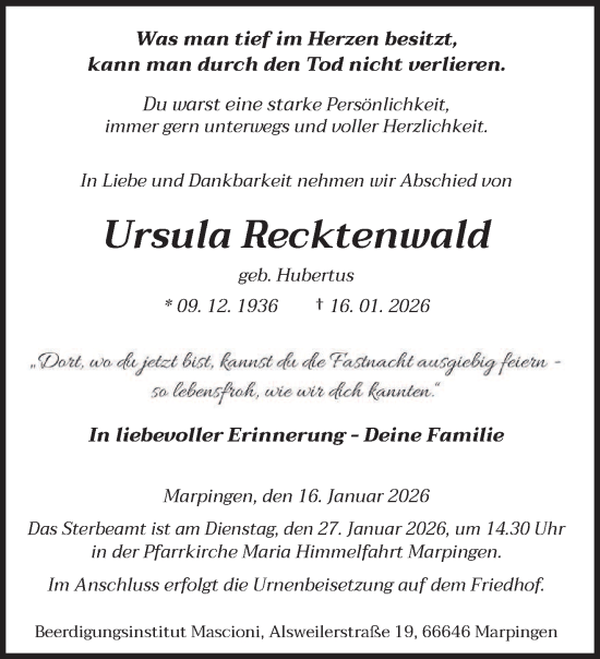 Traueranzeige von Ursula Recktenwald von saarbruecker_zeitung