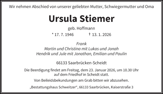 Traueranzeige von Ursula Stiemer von saarbruecker_zeitung