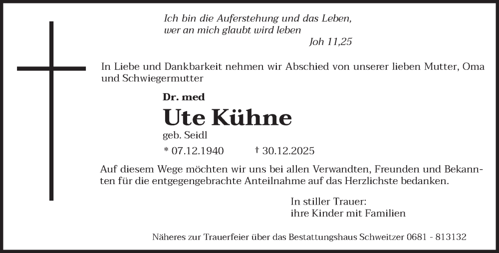  Traueranzeige für Ute Kühne vom 03.01.2026 aus saarbruecker_zeitung