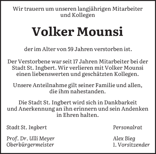 Traueranzeige von Volker Mounsi von saarbruecker_zeitung