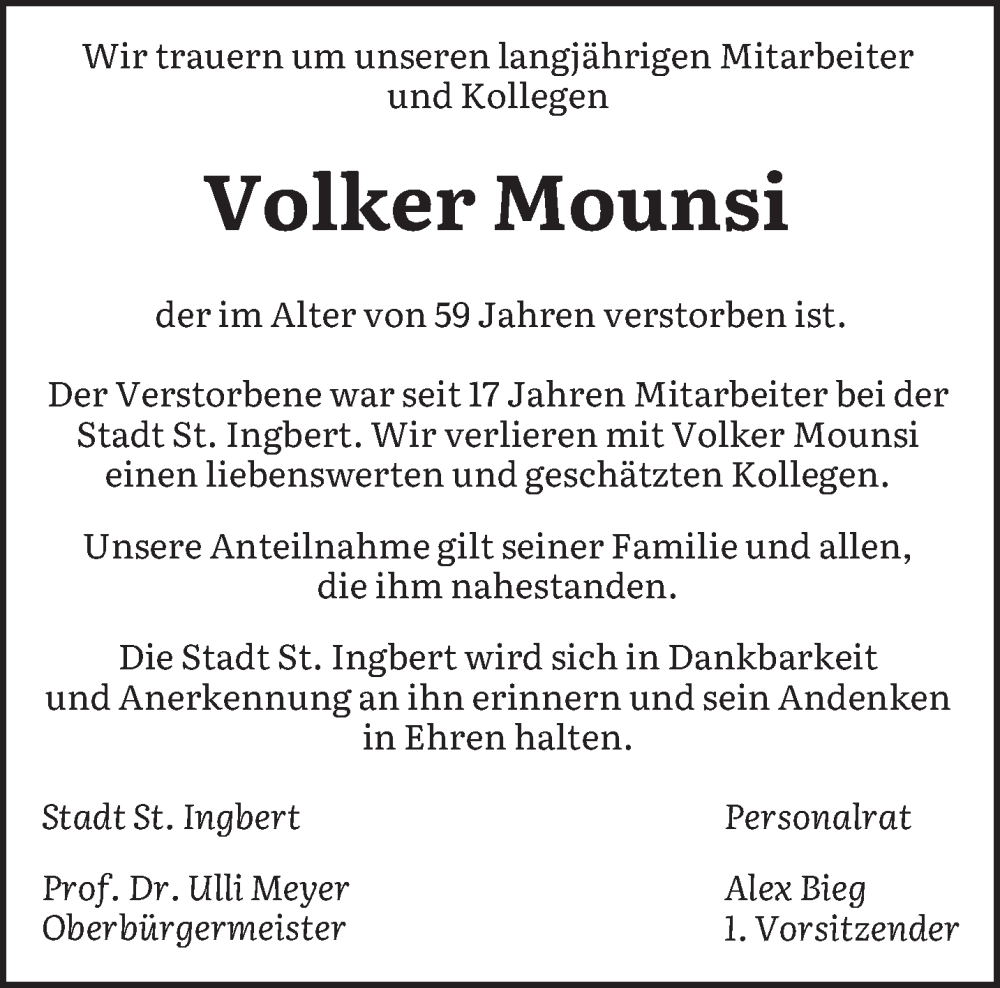  Traueranzeige für Volker Mounsi vom 24.01.2026 aus saarbruecker_zeitung