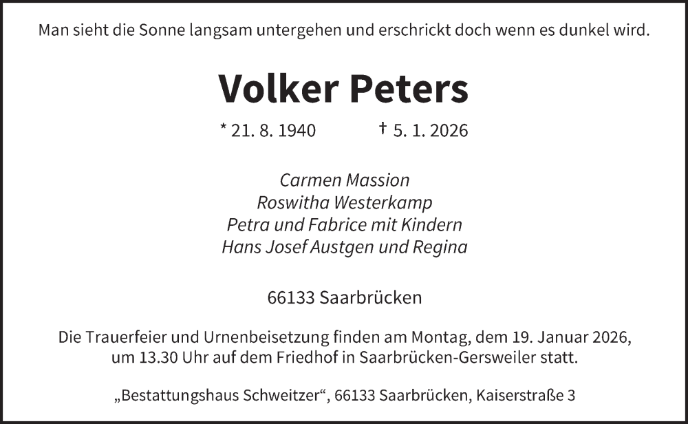  Traueranzeige für Volker Peters vom 10.01.2026 aus saarbruecker_zeitung