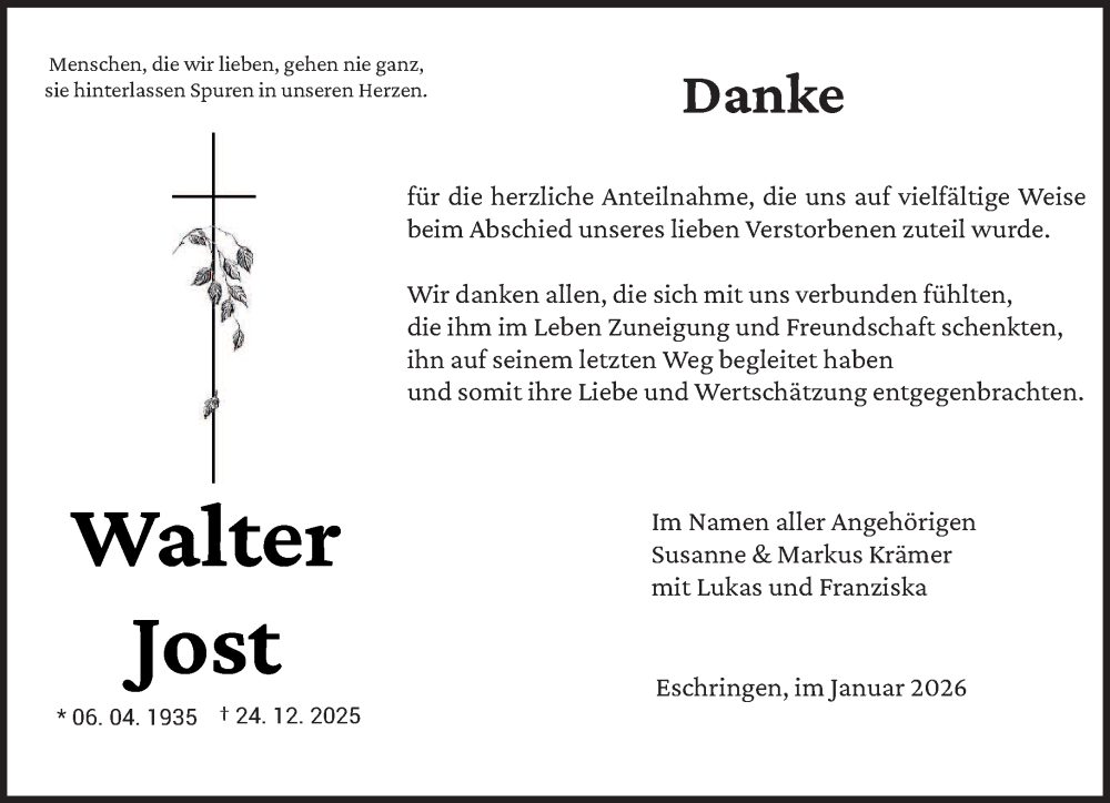  Traueranzeige für Walter Jost vom 24.01.2026 aus saarbruecker_zeitung