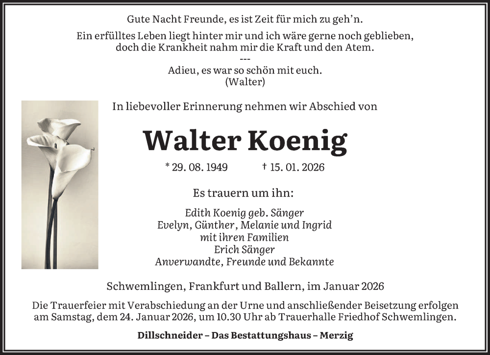  Traueranzeige für Walter Koenig vom 20.01.2026 aus saarbruecker_zeitung
