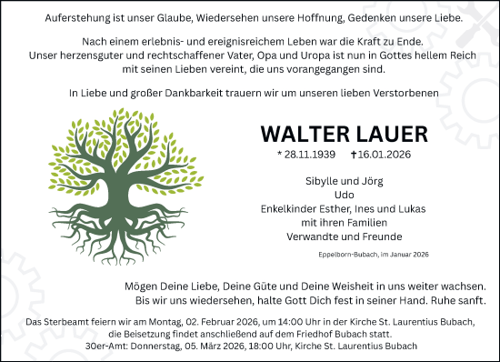Traueranzeige von Walter Lauer von saarbruecker_zeitung
