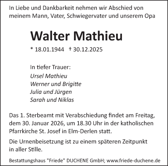 Traueranzeige von Walter Mathieu von saarbruecker_zeitung