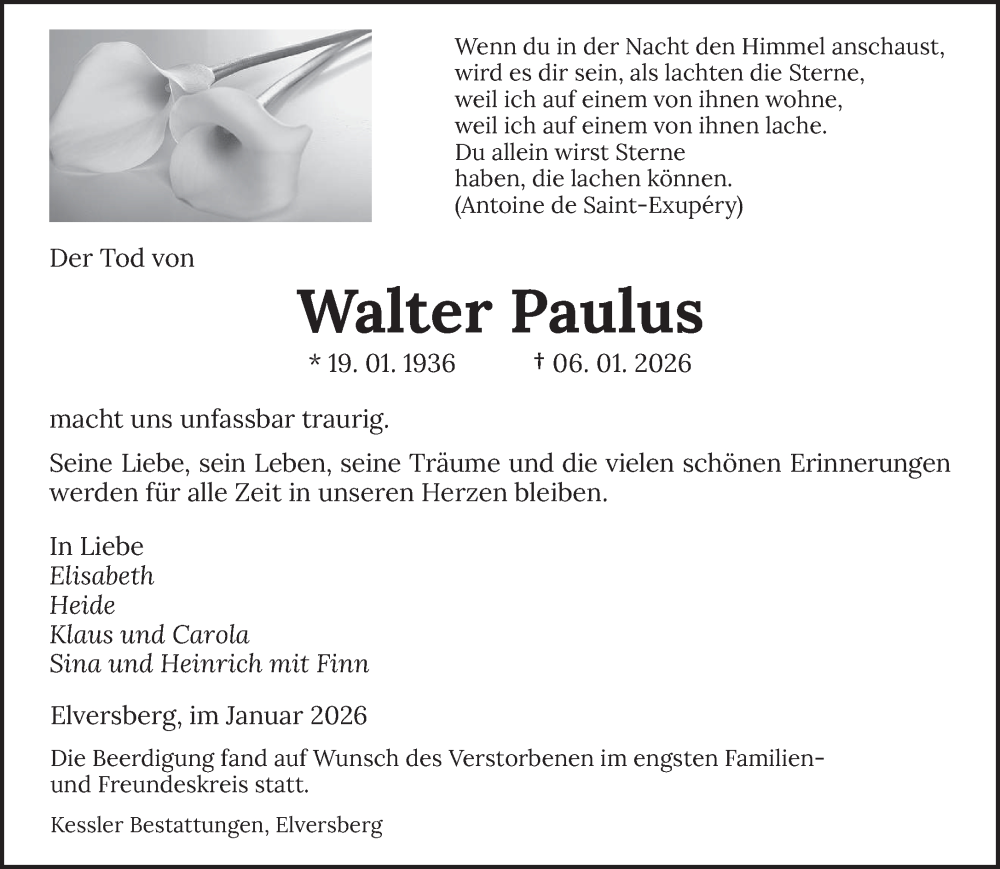  Traueranzeige für Walter Paulus vom 24.01.2026 aus saarbruecker_zeitung