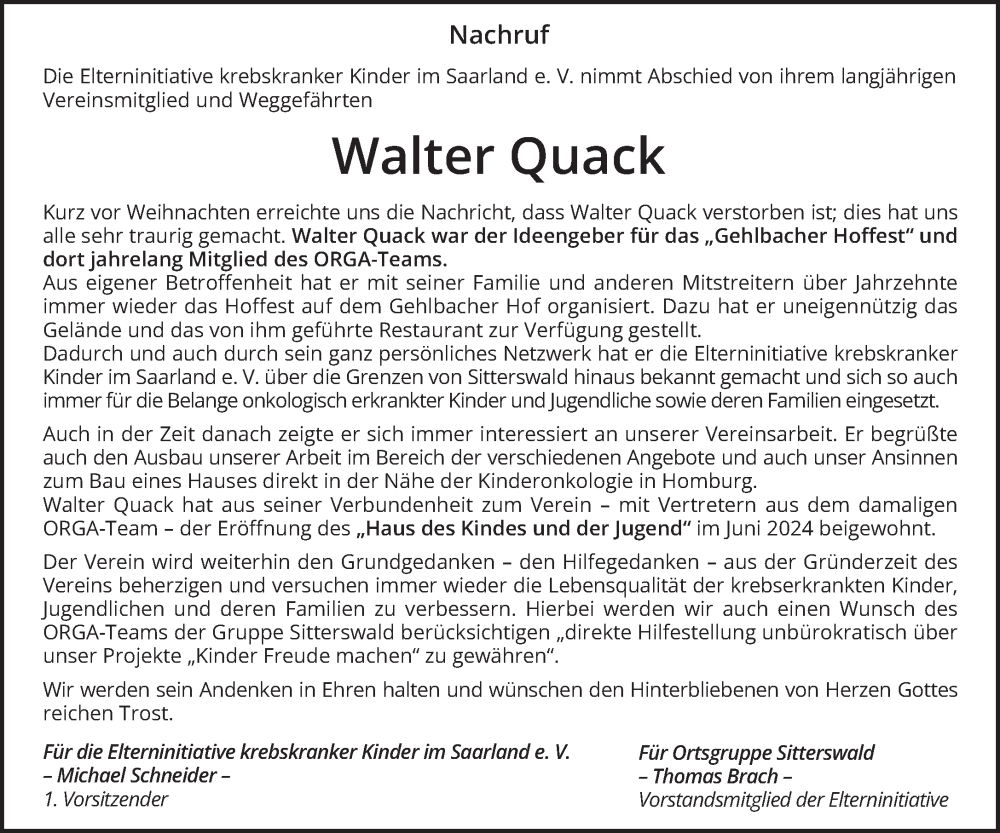  Traueranzeige für Walter Quack vom 03.01.2026 aus saarbruecker_zeitung