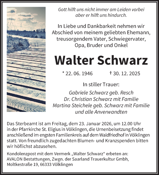 Traueranzeige von Walter Schwarz von saarbruecker_zeitung