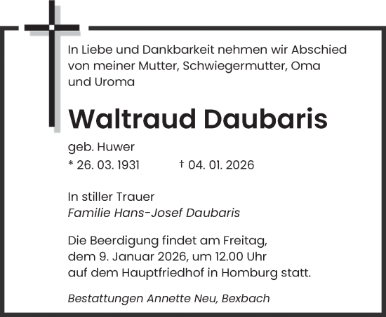 Traueranzeige von Waltraud Daubaris von saarbruecker_zeitung