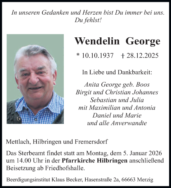 Traueranzeige von Wendelin George von saarbruecker_zeitung