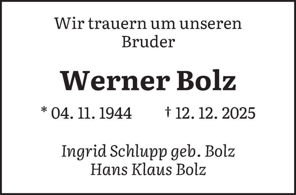  Traueranzeige für Werner Bolz vom 31.01.2026 aus saarbruecker_zeitung