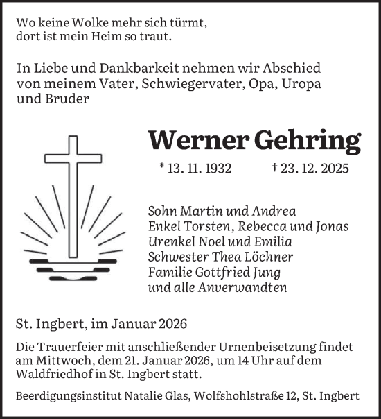 Traueranzeige von Werner Gehring von saarbruecker_zeitung