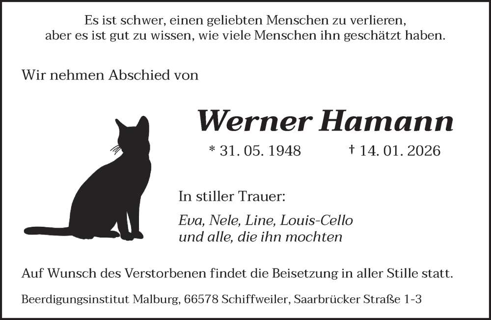  Traueranzeige für Werner Hamann vom 24.01.2026 aus saarbruecker_zeitung