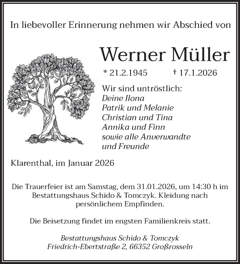  Traueranzeige für Werner Müller vom 28.01.2026 aus saarbruecker_zeitung
