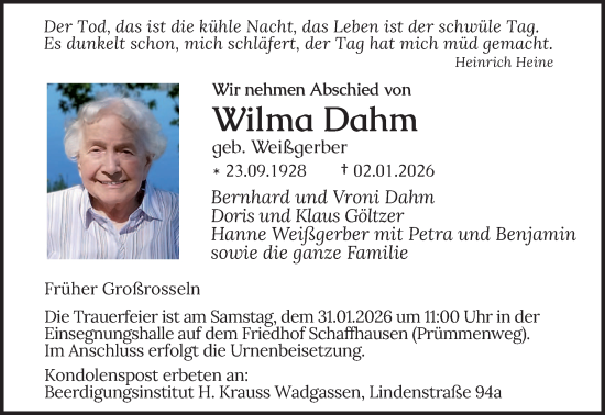 Traueranzeige von Wilma Dahm von saarbruecker_zeitung