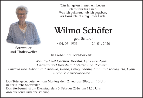 Traueranzeige von Wilma Schäfer von saarbruecker_zeitung