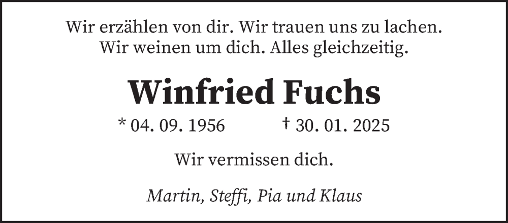  Traueranzeige für Winfried Fuchs vom 30.01.2026 aus saarbruecker_zeitung