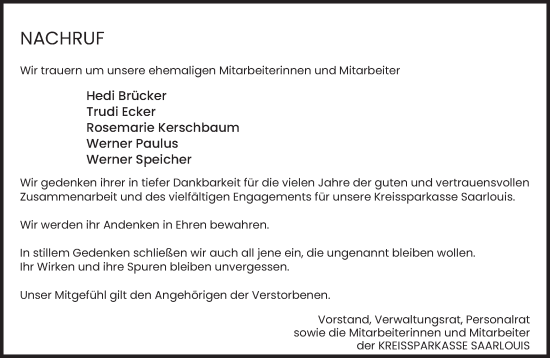 Traueranzeige von Wir trauern der KREISSPARKASSE SAARLOUIS von saarbruecker_zeitung