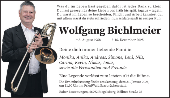 Traueranzeige von Wolfgang Bichlmeier von saarbruecker_zeitung