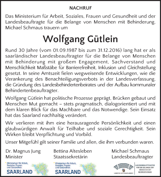 Traueranzeige von Wolfgang Gütlein von saarbruecker_zeitung