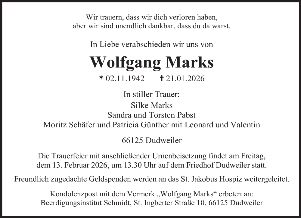  Traueranzeige für Wolfgang Marks vom 31.01.2026 aus saarbruecker_zeitung