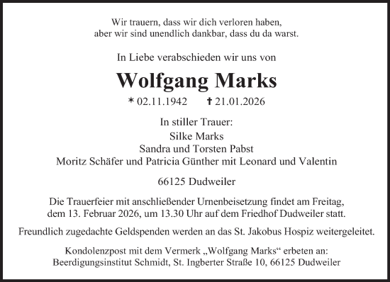 Traueranzeige von Wolfgang Marks von saarbruecker_zeitung