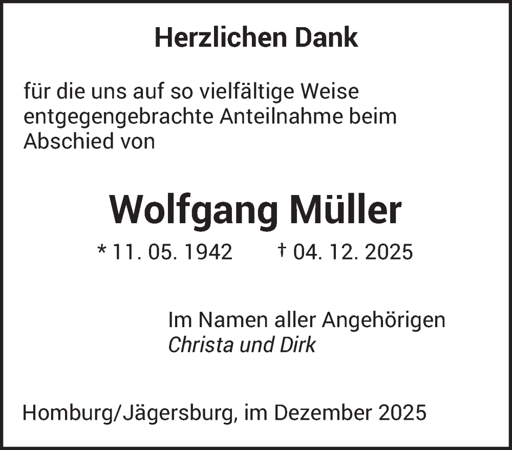 Traueranzeige für Wolfgang Müller vom 10.01.2026 aus saarbruecker_zeitung