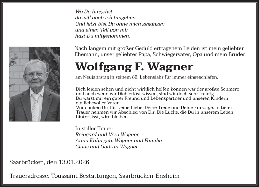  Traueranzeige für Wolfgang F. Wagner vom 13.01.2026 aus saarbruecker_zeitung
