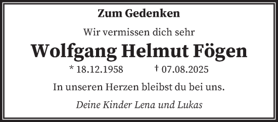 Traueranzeige von Wolfgang Helmut Fögen von saarbruecker_zeitung