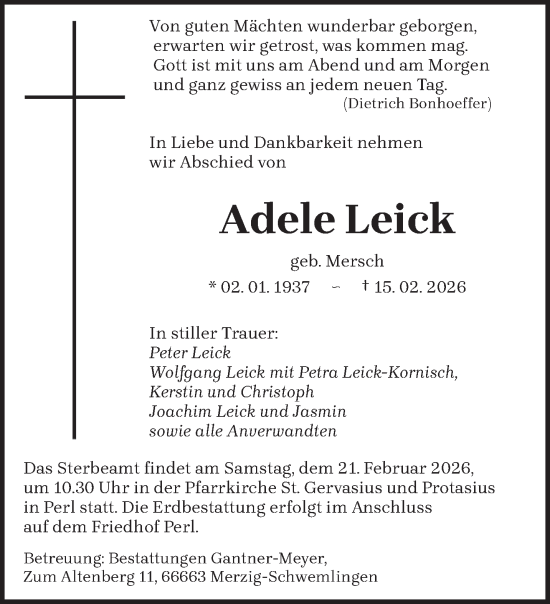 Traueranzeige von Adele Leick von saarbruecker_zeitung
