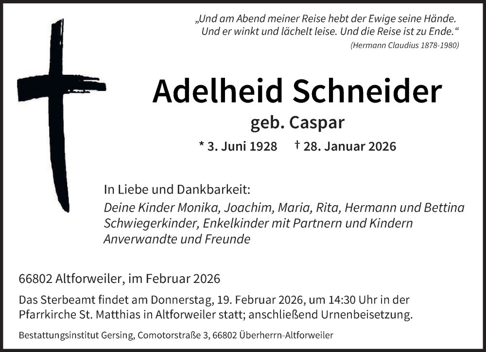  Traueranzeige für Adelheid Schneider vom 14.02.2026 aus saarbruecker_zeitung