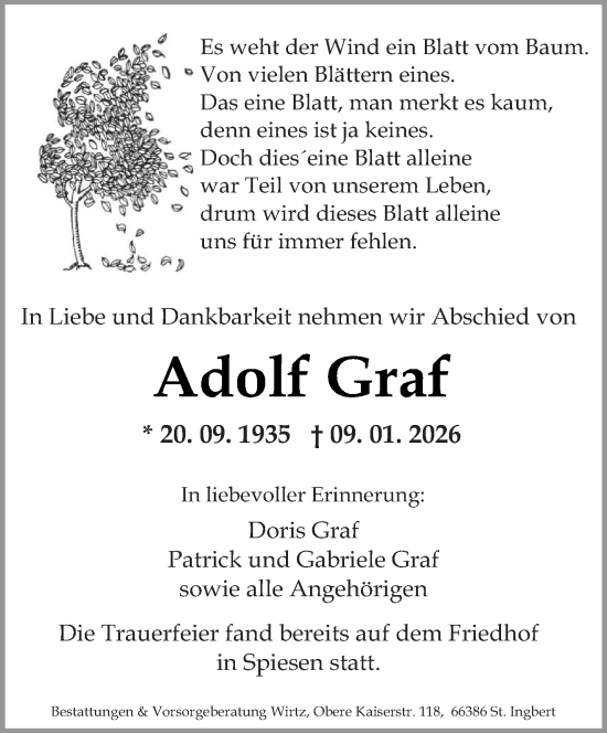 Traueranzeige von Adolf Graf von saarbruecker_zeitung