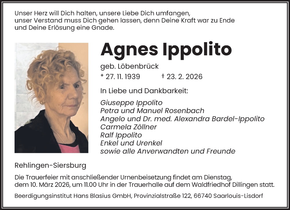  Traueranzeige für Agnes Ippolito vom 28.02.2026 aus saarbruecker_zeitung