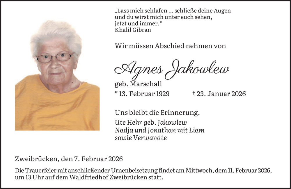  Traueranzeige für Agnes Jakowlew vom 07.02.2026 aus saarbruecker_zeitung