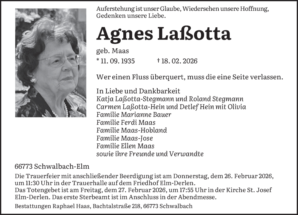  Traueranzeige für Agnes Laßotta vom 21.02.2026 aus saarbruecker_zeitung