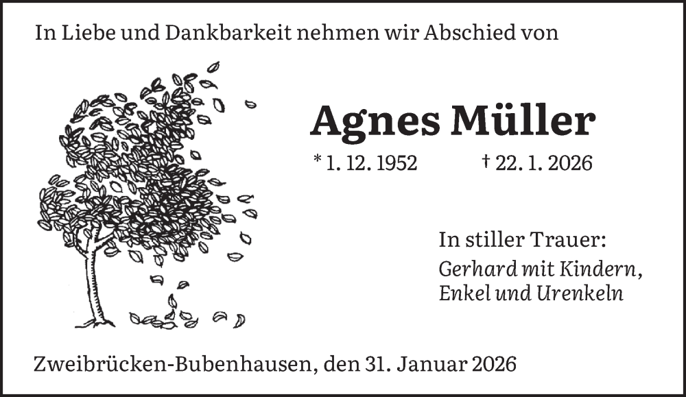 Traueranzeige für Agnes Müller vom 31.01.2026 aus saarbruecker_zeitung