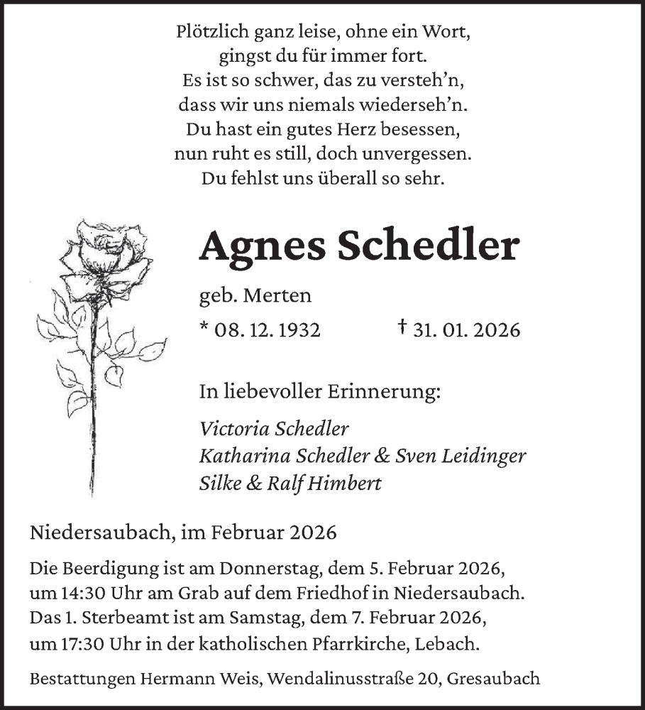  Traueranzeige für Agnes Schedler vom 03.02.2026 aus saarbruecker_zeitung