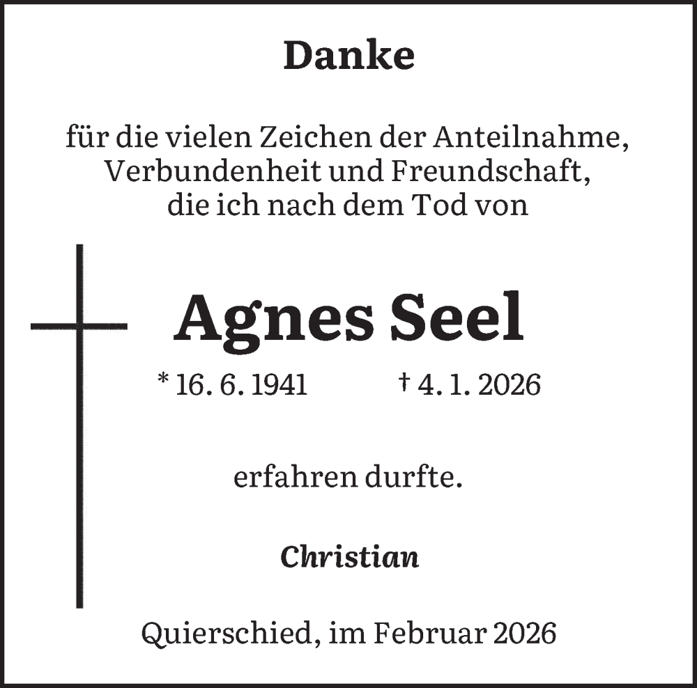  Traueranzeige für Agnes Seel vom 14.02.2026 aus saarbruecker_zeitung