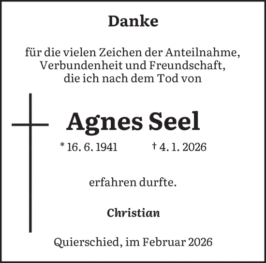 Traueranzeige von Agnes Seel von saarbruecker_zeitung