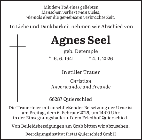 Traueranzeige von Agnes Seel von saarbruecker_zeitung