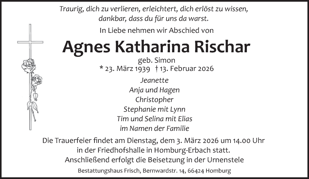  Traueranzeige für Agnes Katharina Rischar vom 21.02.2026 aus saarbruecker_zeitung