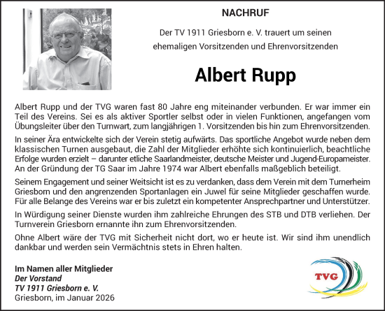 Traueranzeige von Albert Rupp von saarbruecker_zeitung
