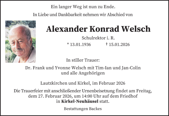 Traueranzeige von Alexander Konrad Welsch von saarbruecker_zeitung