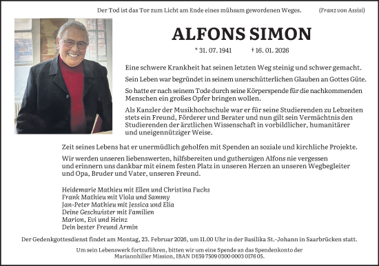 Traueranzeige von Alfons Simon von saarbruecker_zeitung
