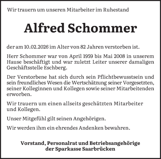Traueranzeige von Alfred Schommer von saarbruecker_zeitung
