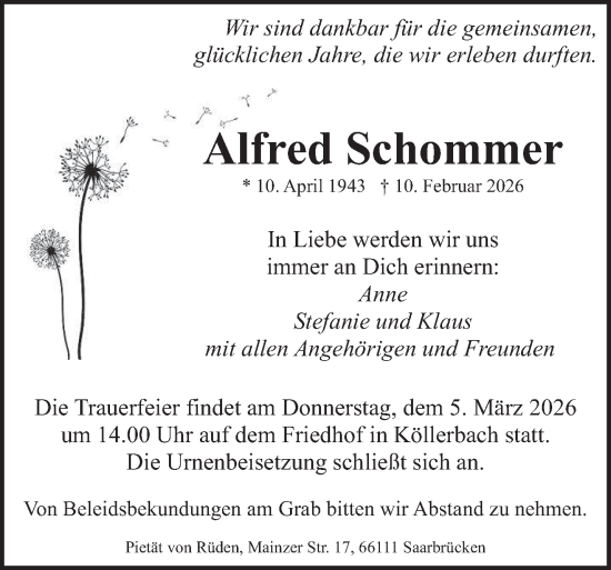 Traueranzeige von Alfred Schommer von saarbruecker_zeitung
